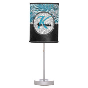 Chic girly turquoise aqua glitter leaves monogram table lamp
