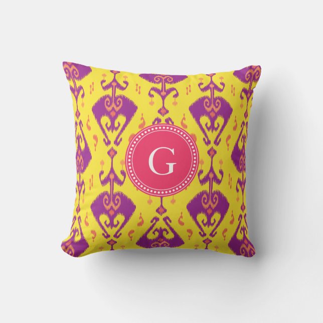 Chic girly yellow ikat tribal pattern monogram throw pillow (Front)