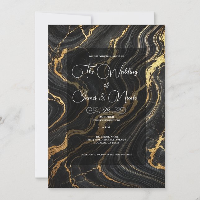 Chic Glam Black Gold Marble Look Wedding  Invitation (Front)