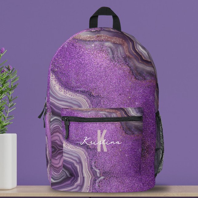 Chic Glam Elegant Purple Glitter Agate Marble Printed Backpack (Creator Uploaded)