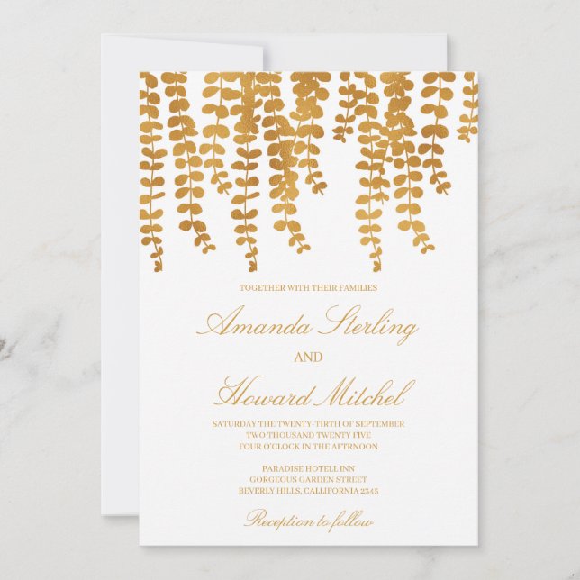 Chic glam gold foil dropping ivy leaves wedding invitation (Front)