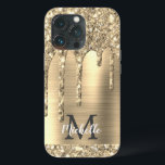 Chic Glam Gold Glitter Drips Monogram Metal iPhone 13 Pro Case<br><div class="desc">Elegant, modern, girly gold glitter drips gold metal custom personalized name and monogrammed iphone case. This design features yellow gold glitter sparkle drips on gold brushed metal background with custom personalized monogram initial and first name text template. Perfect feminine gift for girl and women who loves pretty trendy glam things....</div>