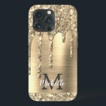 Chic Glam Gold Glitter Drips Monogram Metal iPhone 13 Pro Case<br><div class="desc">Elegant, modern, girly gold glitter drips gold metal custom personalized name and monogrammed iphone case. This design features yellow gold glitter sparkle drips on gold brushed metal background with custom personalized monogram initial and first name text template. Perfect feminine gift for girl and women who loves pretty trendy glam things....</div>