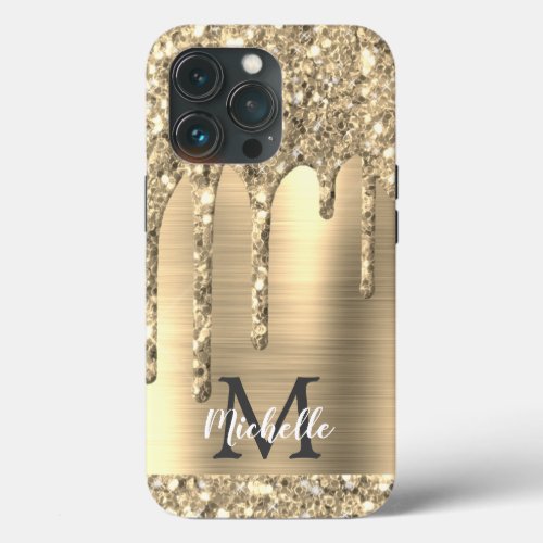 Chic Glam Gold Glitter Drips Monogram Metal iPhone 13 Pro Case