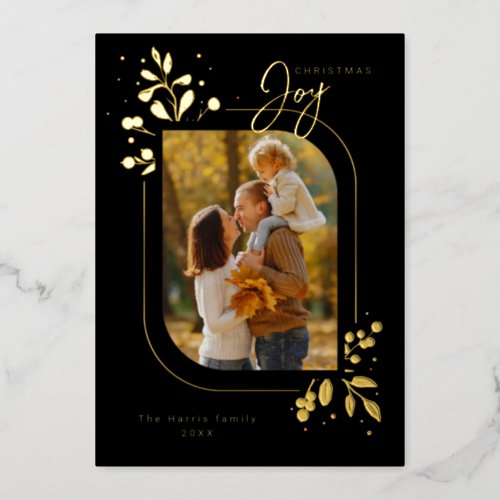 Chic Glam Gold Leaves Joy Calligraphy Photo Foil Holiday Card