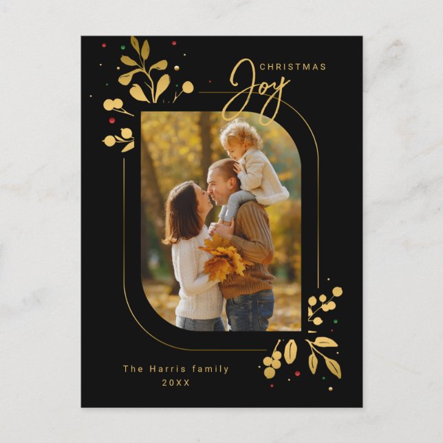 Chic Glam Gold Leaves Joy Calligraphy Photo Holiday Postcard (Front)