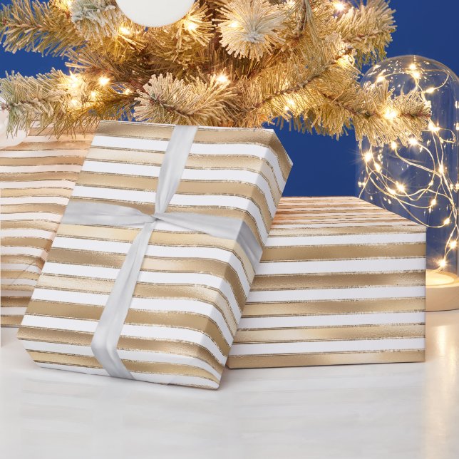 Chic Glam Gold White Stripes Wrapping Paper (Holidays)