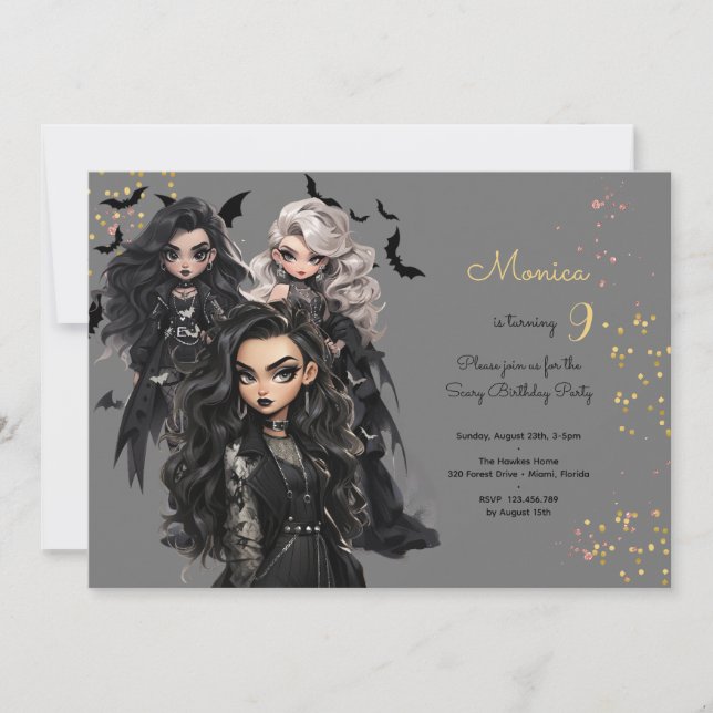 Chic glam gothic scary girl birthday party invitation (Front)