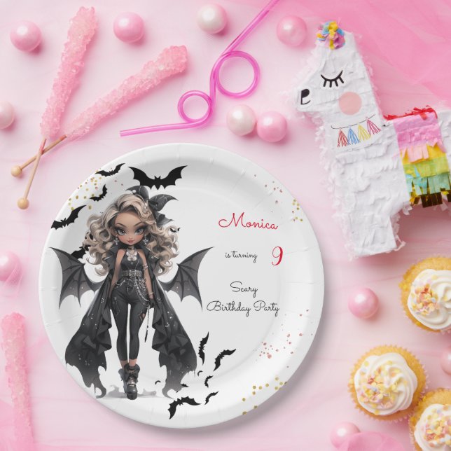 Chic glam gothic scary girl birthday party paper plates (Party)