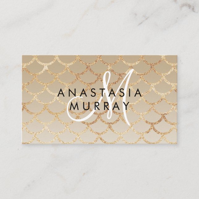 Chic Glam Gray Gold Mermaid Glitter Monogram Name Business Card (Front)