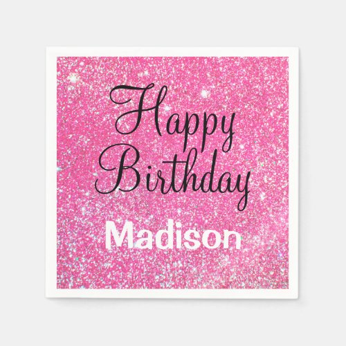 Chic Glam Happy Birthday Hot Pink Glitter Sparkle Napkins