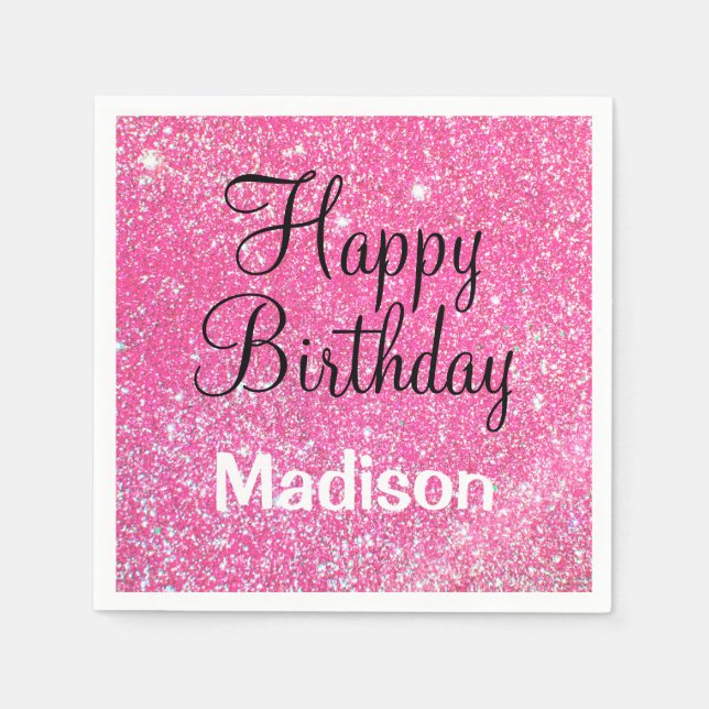 Chic Glam Happy Birthday Hot Pink Glitter Sparkle Napkins (Front)
