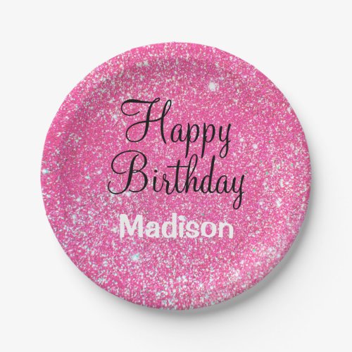 Chic Glam Happy Birthday Hot Pink Glitter Sparkle Paper Plates