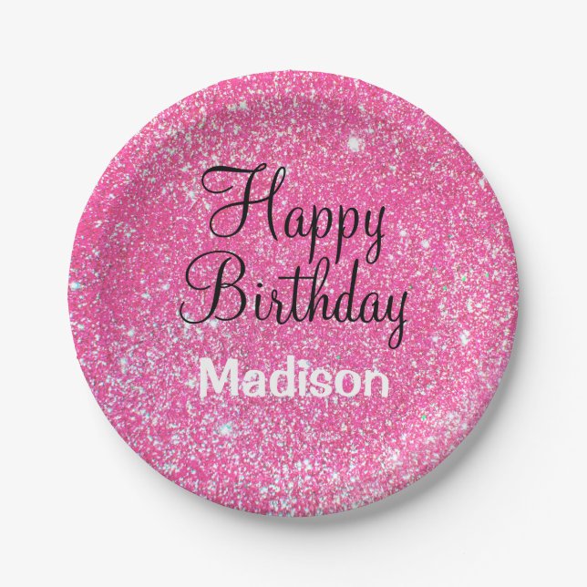 Chic Glam Happy Birthday Hot Pink Glitter Sparkle Paper Plates (Front)