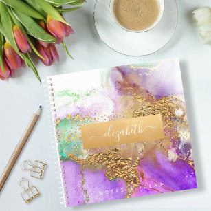 Chic, glam marble watercolor gold & purple square notebook