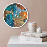 Chic glam marble watercolor gold turquoise orange clock<br><div class="desc">White graphic numerals overlay a rich, glam, gold veined, turquoise blue, and yellow orange abstract watercolor on this elegant, trendy, modern, wall clock. Your choice of a round or square clock face. Makes a welcome and stylish statement wherever it’s hung. A great addition to your living room or bedroom, as...</div>