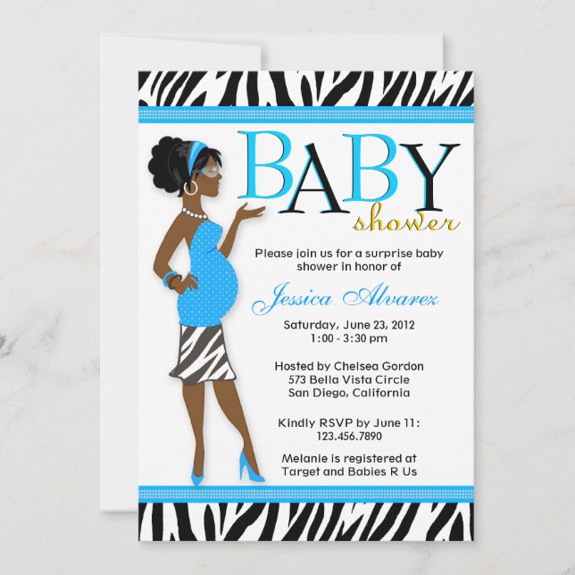 Chic Glam Modern Mom Blue Zebra Baby Shower Invitation (Front)