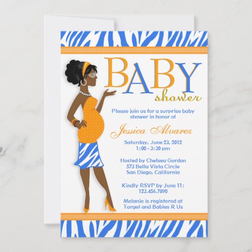 Chic Glam Modern Mom Blue Zebra Baby Shower Custom Invitations