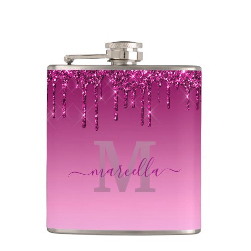 Chic Glam Pink Glitter Drip Design Name Monogram Flask