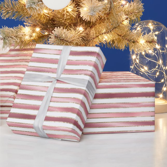 Chic Glam Pink Gold White Stripes Birthday Wrapping Paper (Holidays)
