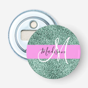 Chic Glam Pink Green Glitter Sparkle Name Monogram Bottle Opener
