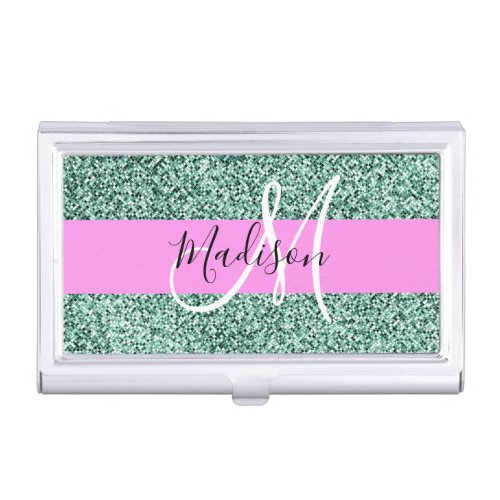 Chic Glam Pink Green Glitter Sparkle Name Monogram Business Card Case