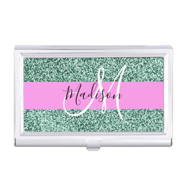 Chic Glam Pink Green Glitter Sparkle Name Monogram Business Card Case (Front)