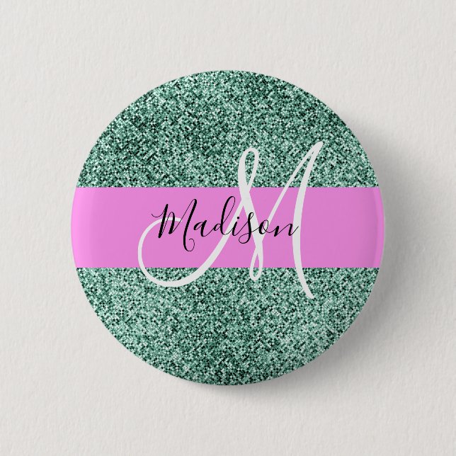 Chic Glam Pink Green Glitter Sparkle Name Monogram Button (Front)