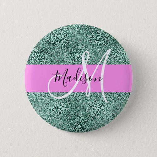 Chic Glam Pink Green Glitter Sparkle Name Monogram Button