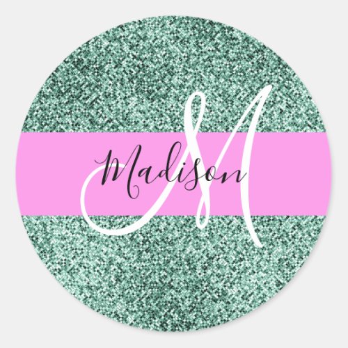 Chic Glam Pink Green Glitter Sparkle Name Monogram Classic Round Sticker