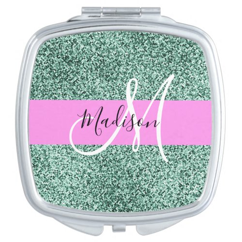 Chic Glam Pink Green Glitter Sparkle Name Monogram Compact Mirror