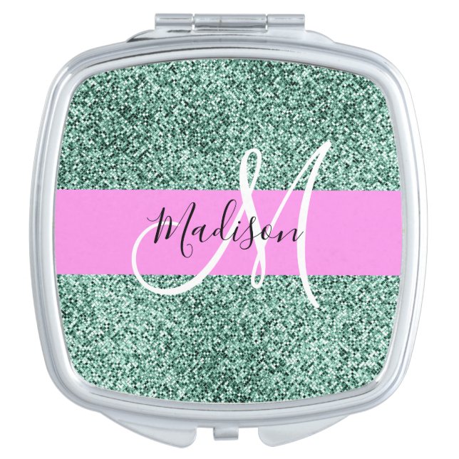 Chic Glam Pink Green Glitter Sparkle Name Monogram Compact Mirror (Front)