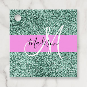 Chic Glam Pink Green Glitter Sparkle Name Monogram Favor Tags