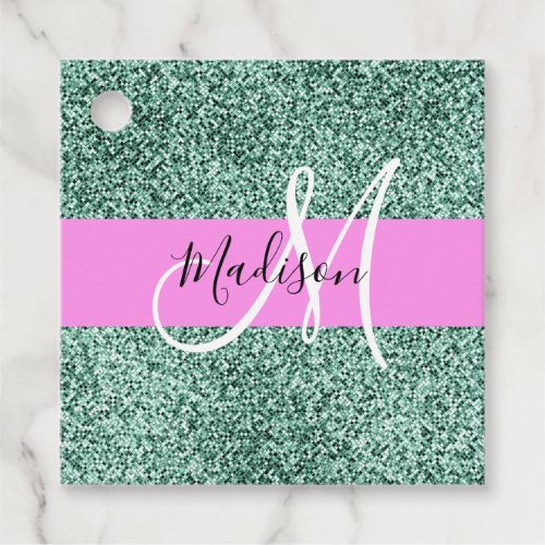 Chic Glam Pink Green Glitter Sparkle Name Monogram Favor Tags