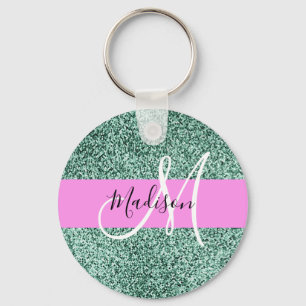 Chic Glam Pink Green Glitter Sparkle Name Monogram Keychain