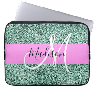 Chic Glam Pink Green Glitter Sparkle Name Monogram Laptop Sleeve