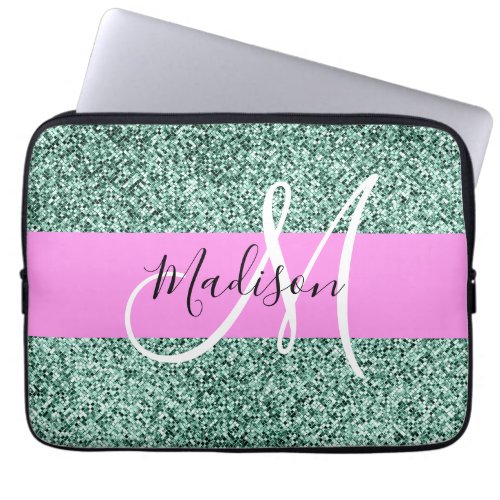 Chic Glam Pink Green Glitter Sparkle Name Monogram Laptop Sleeve