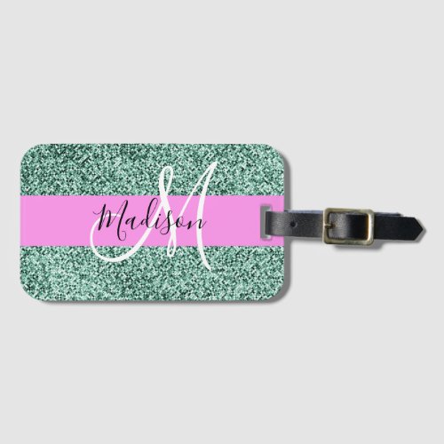 Chic Glam Pink Green Glitter Sparkle Name Monogram Luggage Tag