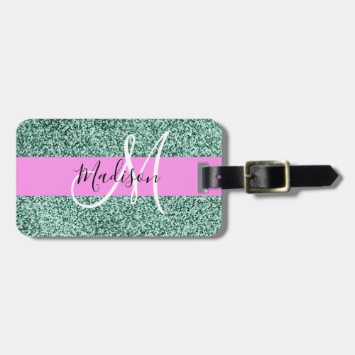 Chic Glam Pink Green Glitter Sparkle Name Monogram Luggage Tag