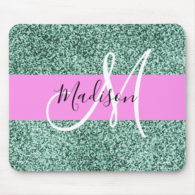 Chic Glam Pink Green Glitter Sparkle Name Monogram Mouse Pad (Front)