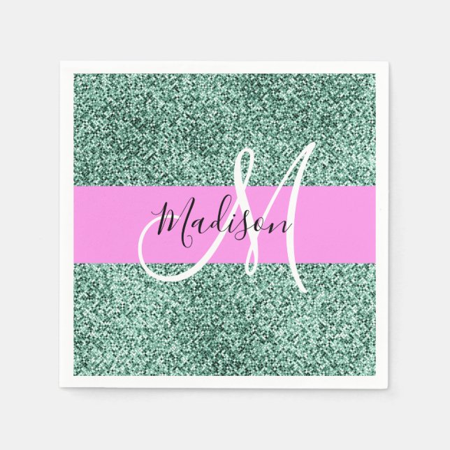 Chic Glam Pink Green Glitter Sparkle Name Monogram Napkins (Front)