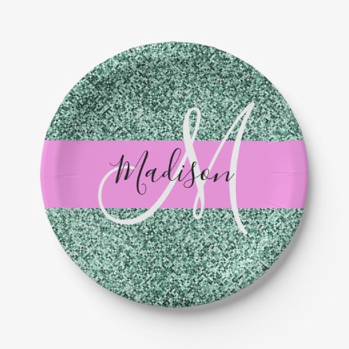 Chic Glam Pink Green Glitter Sparkle Name Monogram Paper Plates