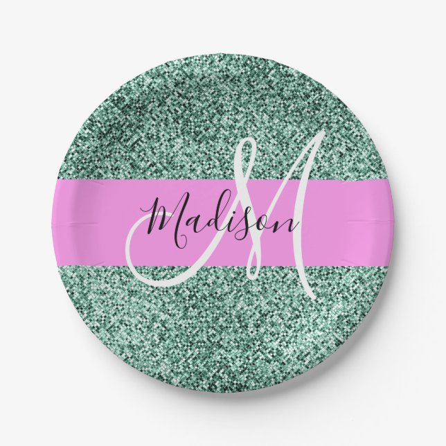 Chic Glam Pink Green Glitter Sparkle Name Monogram Paper Plates (Front)