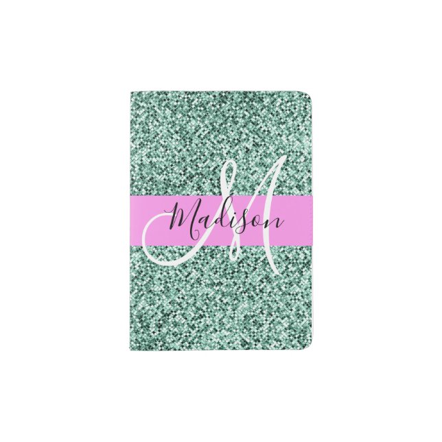 Chic Glam Pink Green Glitter Sparkle Name Monogram Passport Holder (Front)