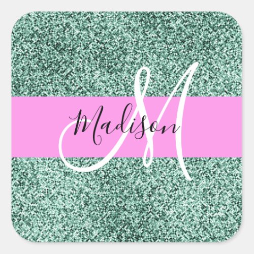 Chic Glam Pink Green Glitter Sparkle Name Monogram Square Sticker