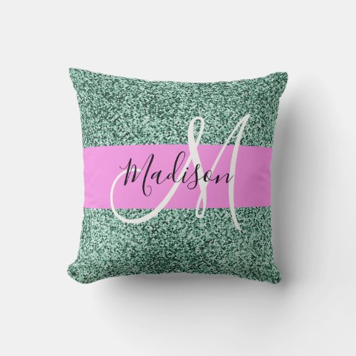 Chic Glam Pink Green Glitter Sparkle Name Monogram Throw Pillow