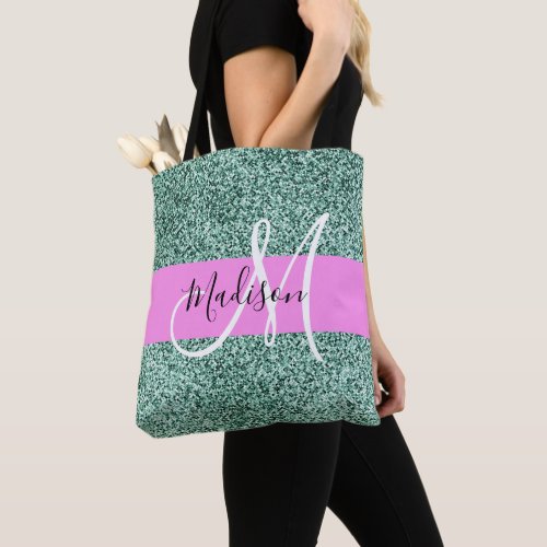 Chic Glam Pink Green Glitter Sparkle Name Monogram Tote Bag