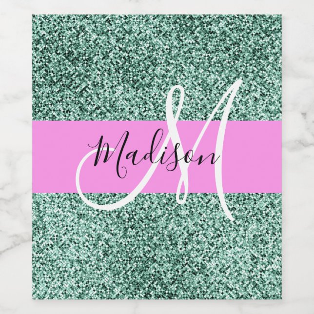 Chic Glam Pink Green Glitter Sparkle Name Monogram Wine Label (Single Label)