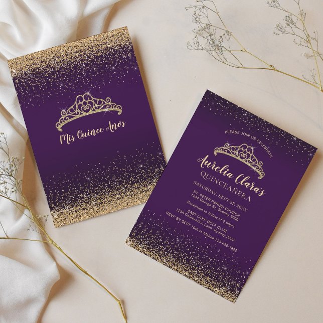 Chic Glam Purple Gold Glitter Tiara Quinceanera Invitation (Creator Uploaded)