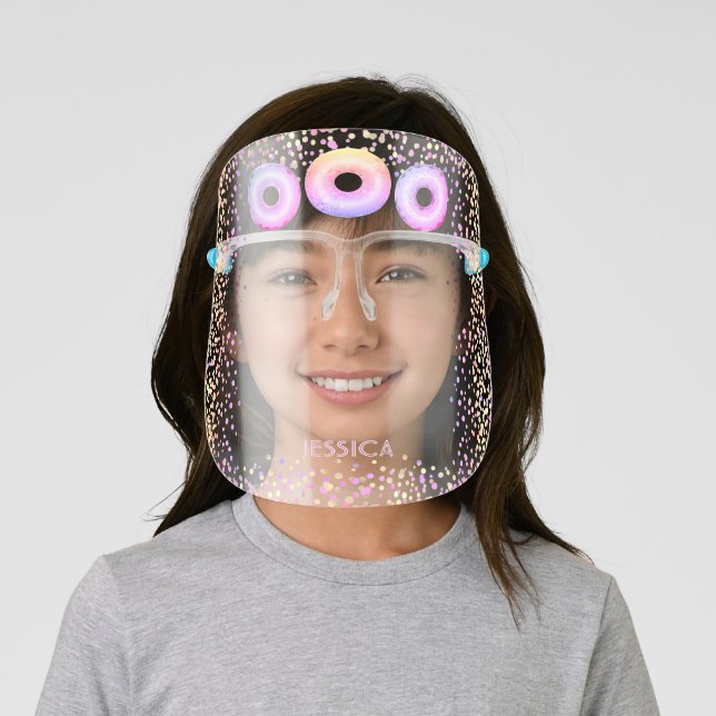 Chic glam purple pink rainbow glitter doughnuts face shield (Insitu)